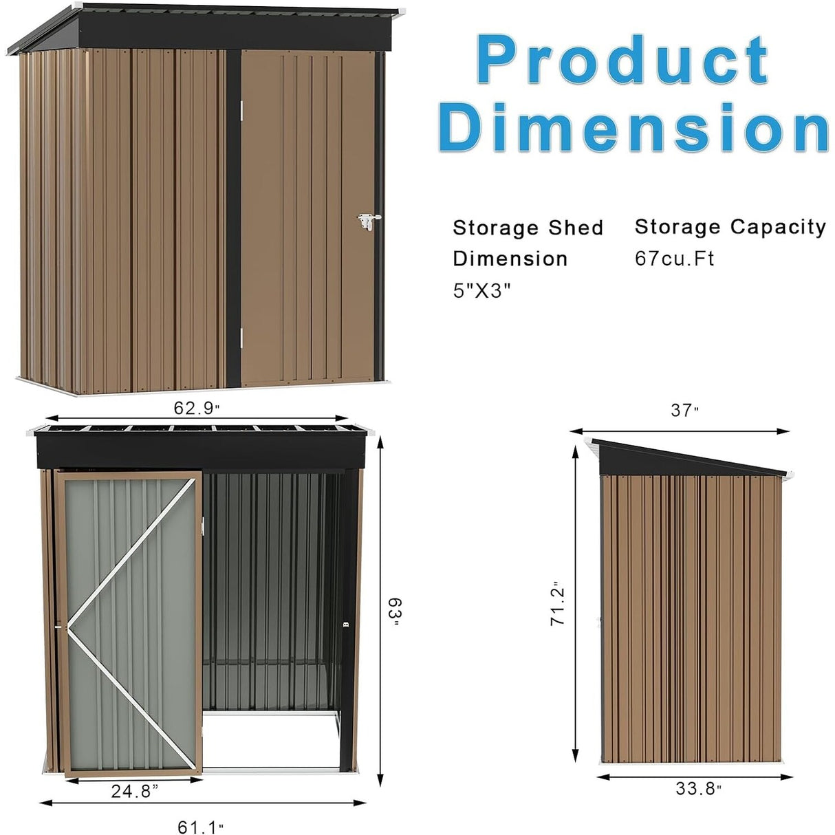 Bossin Metal Shed, Storage Shed with Single Lockable Door
