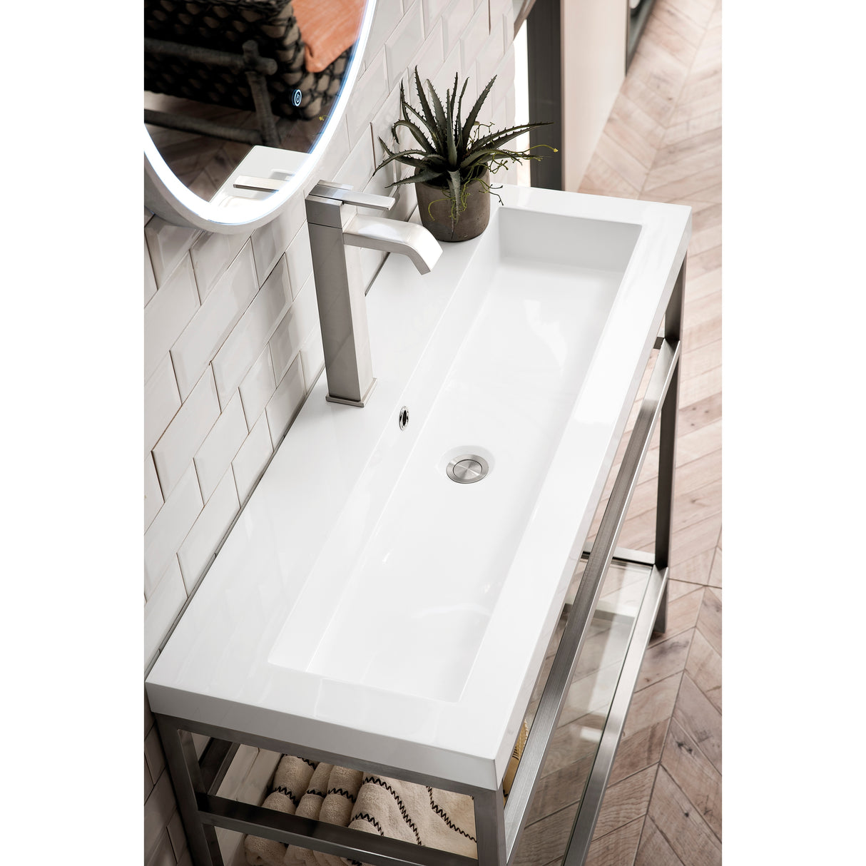 Boston 39.5" Stainless Steel Sink Console w/ White Glossy Composite Countertop