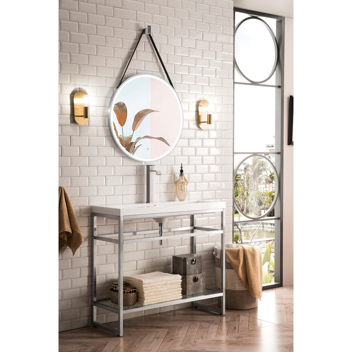 Boston 39.5" Stainless Steel Sink Console w/ White Glossy Composite Countertop