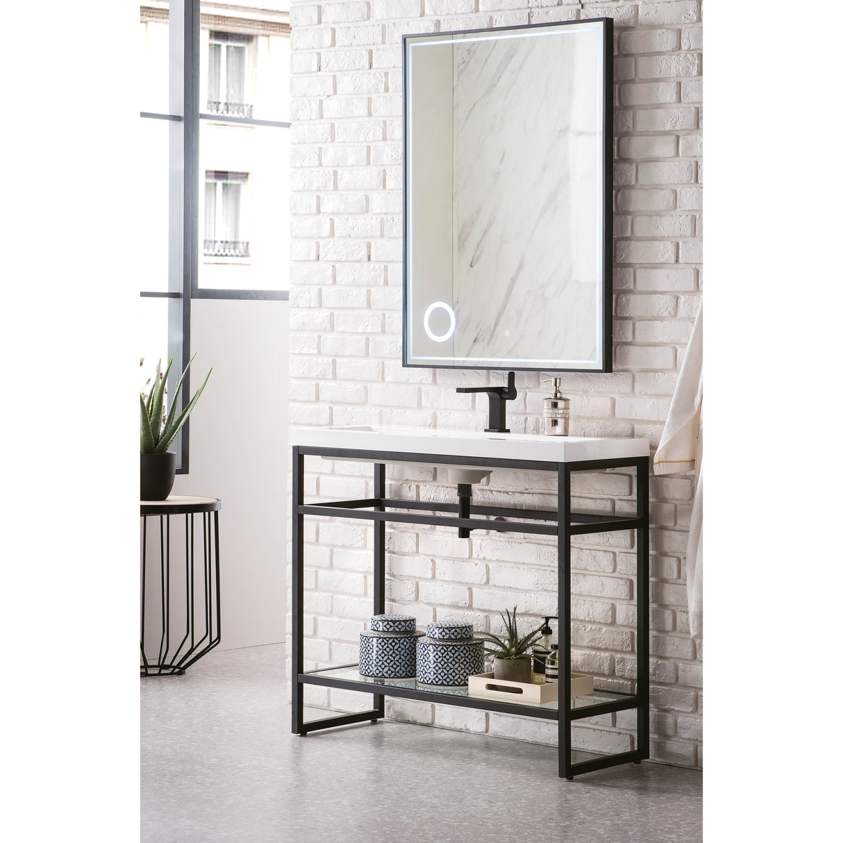 Boston 39.5" Stainless Steel Sink Console w/ White Glossy Composite Countertop