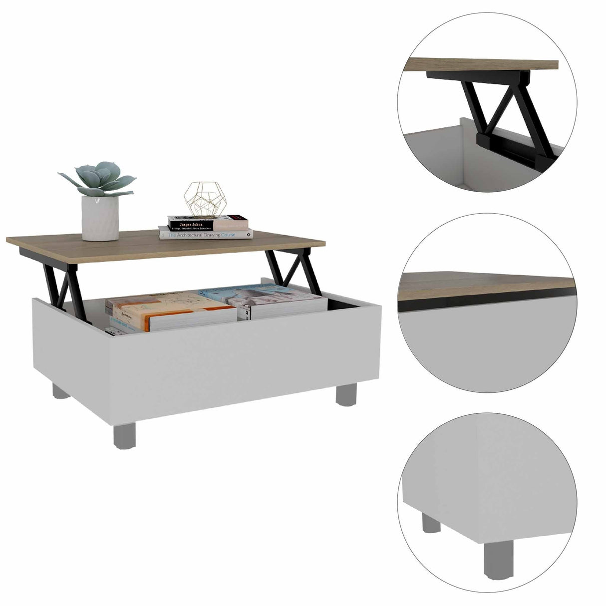FM Furniture Boston Lift Top Coffee Table with Hidden Storage Compartment