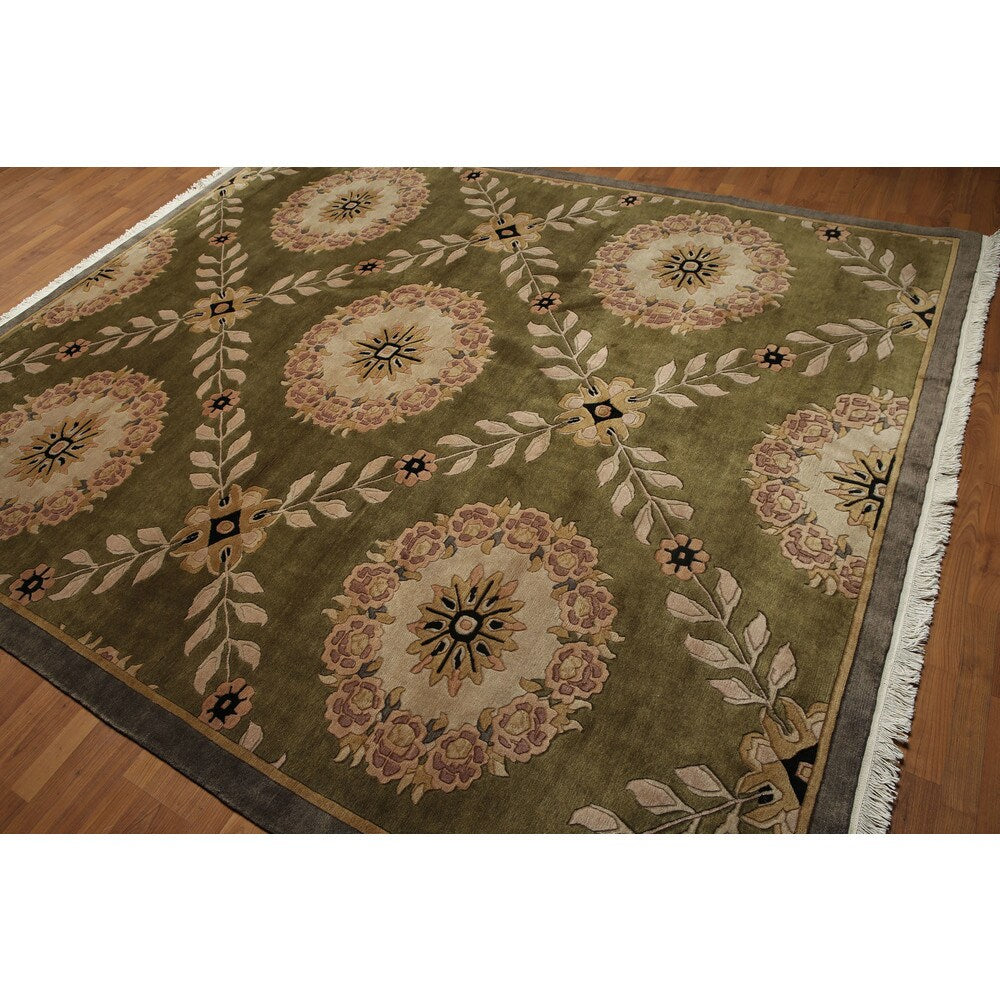 Botanical Medallion Hand Knotted Tibetan Area Rug - Olive/Brown - 8' x 10'