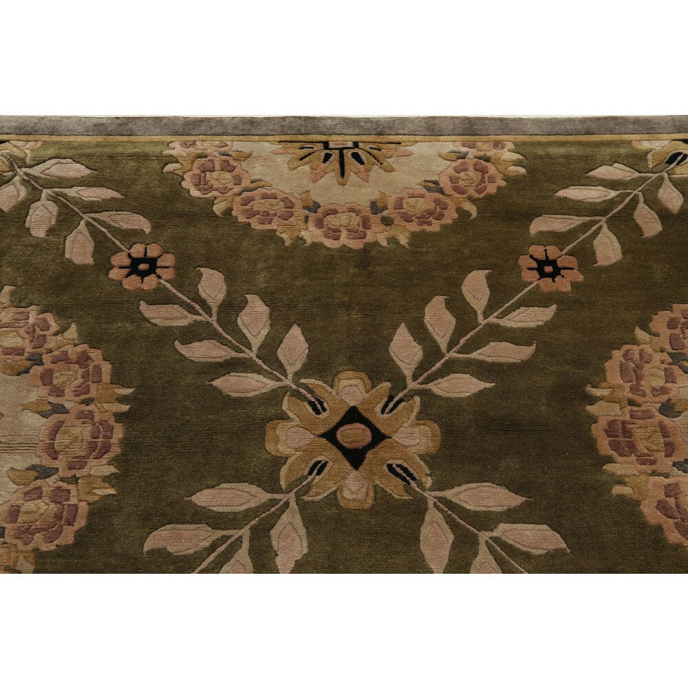 Botanical Medallion Hand Knotted Tibetan Area Rug - Olive/Brown - 8' x 10'