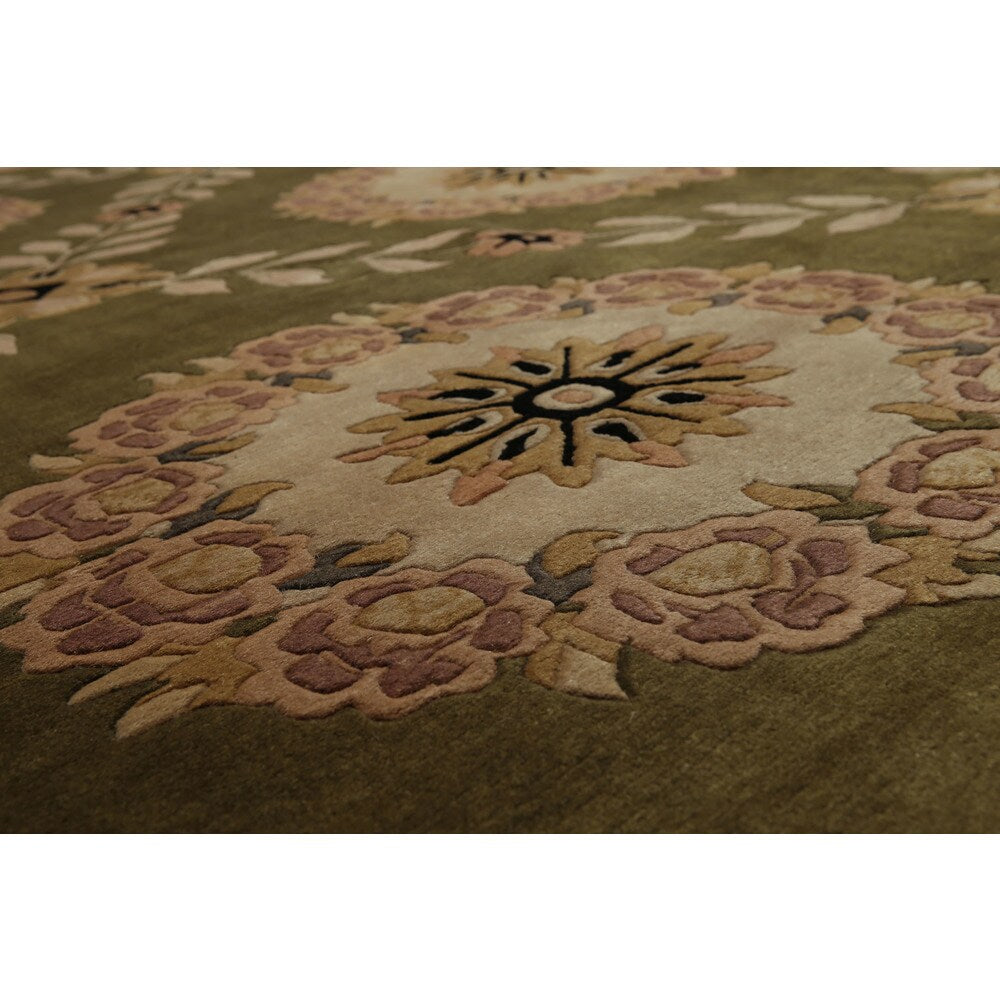 Botanical Medallion Hand Knotted Tibetan Area Rug - Olive/Brown - 8' x 10'