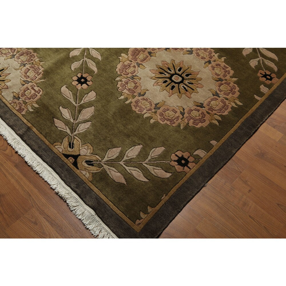 Botanical Medallion Hand Knotted Tibetan Area Rug - Olive/Brown - 8' x 10'