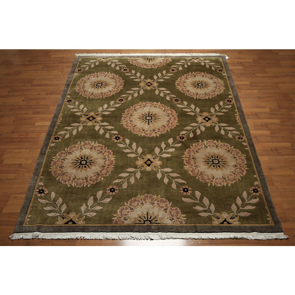 Botanical Medallion Hand Knotted Tibetan Area Rug - Olive/Brown - 8' x 10'