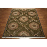 Botanical Medallion Hand Knotted Tibetan Area Rug - Olive/Brown - 8' x 10'