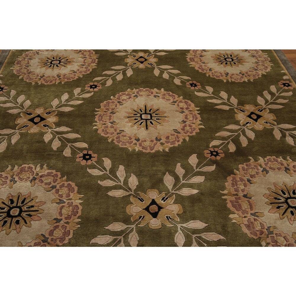 Botanical Medallion Hand Knotted Tibetan Area Rug - Olive/Brown - 8' x 10'