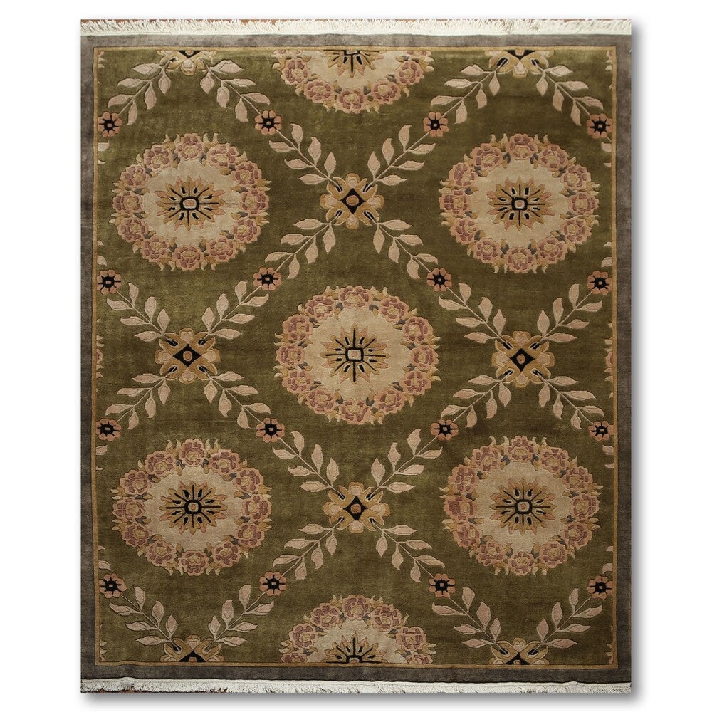 Botanical Medallion Hand Knotted Tibetan Area Rug - Olive/Brown - 8' x 10'