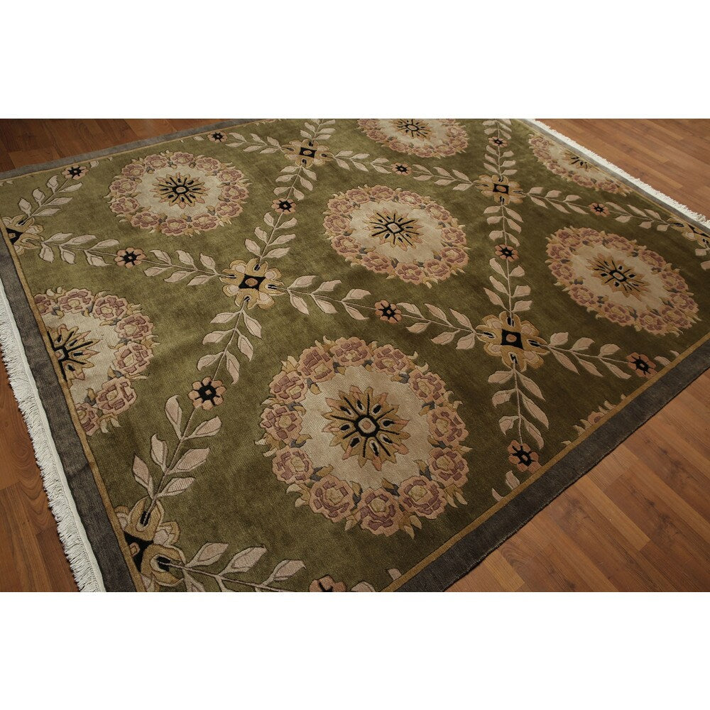 Botanical Medallion Hand Knotted Tibetan Area Rug - Olive/Brown - 8' x 10'