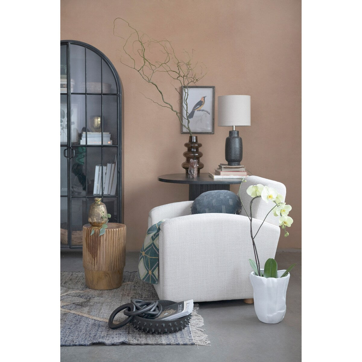 Bouclé Fabric Upholstered Chair with Oak Wood Legs