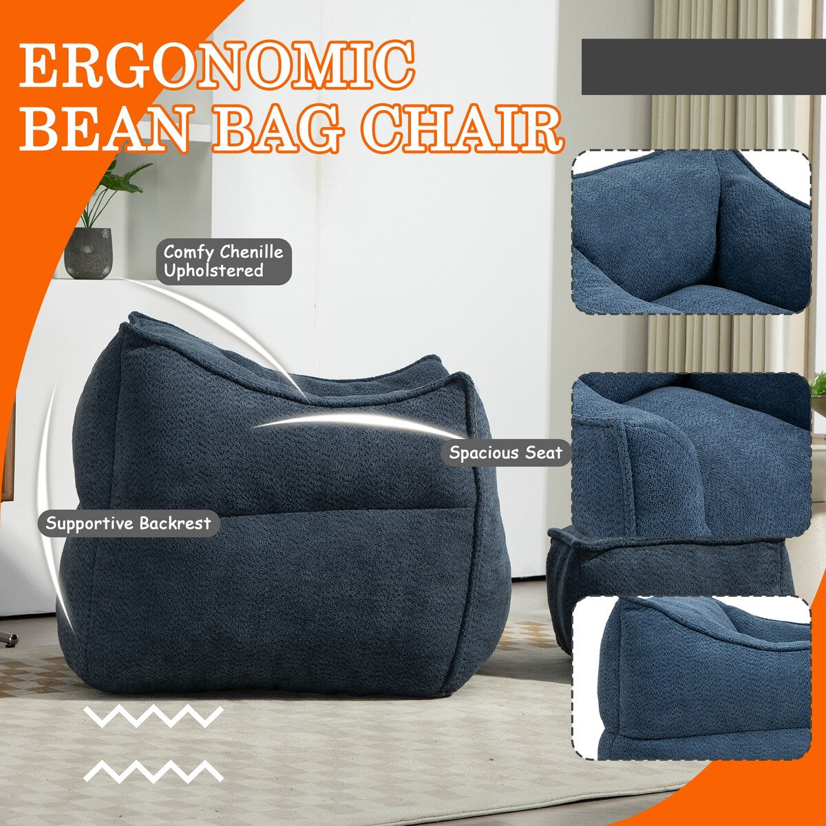 Boucle Upholstered Deep Seat Armless Square Bean Bag Chair with Ottoman