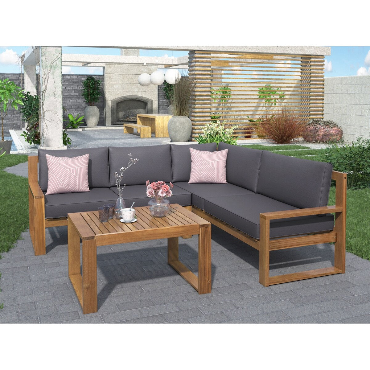 Clihome 3-Piece Acacia Wood Patio Sectional Set