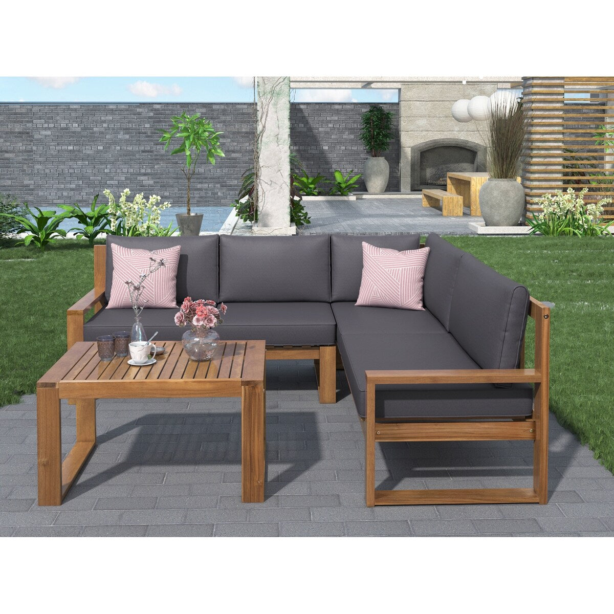 Clihome 3-Piece Acacia Wood Patio Sectional Set