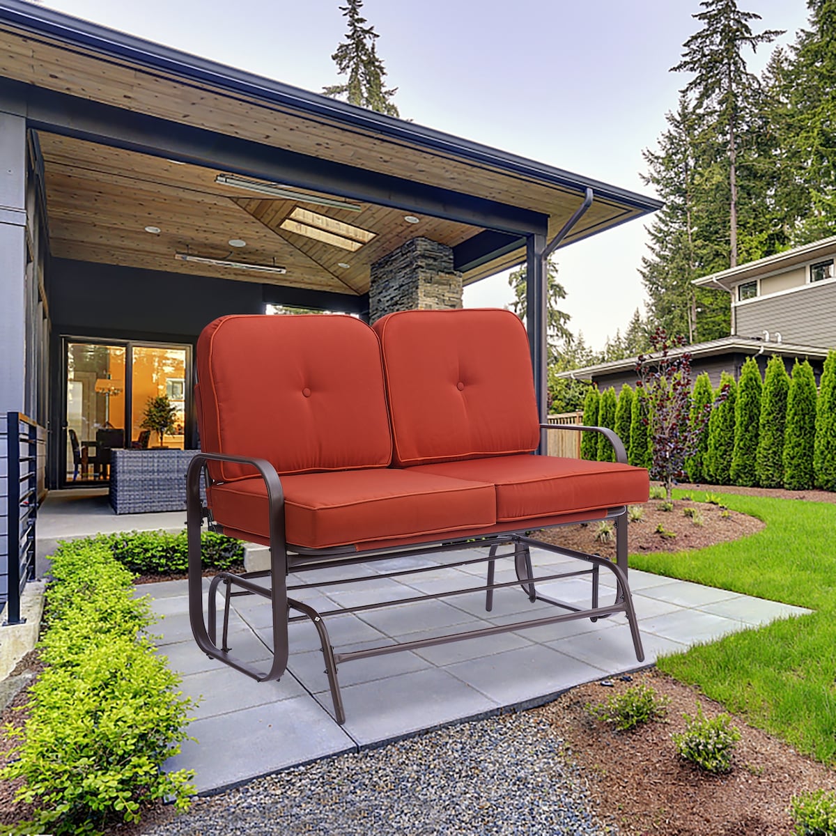 Clihome Double Sofa Patio Steel Frame Chair Set with Cushion