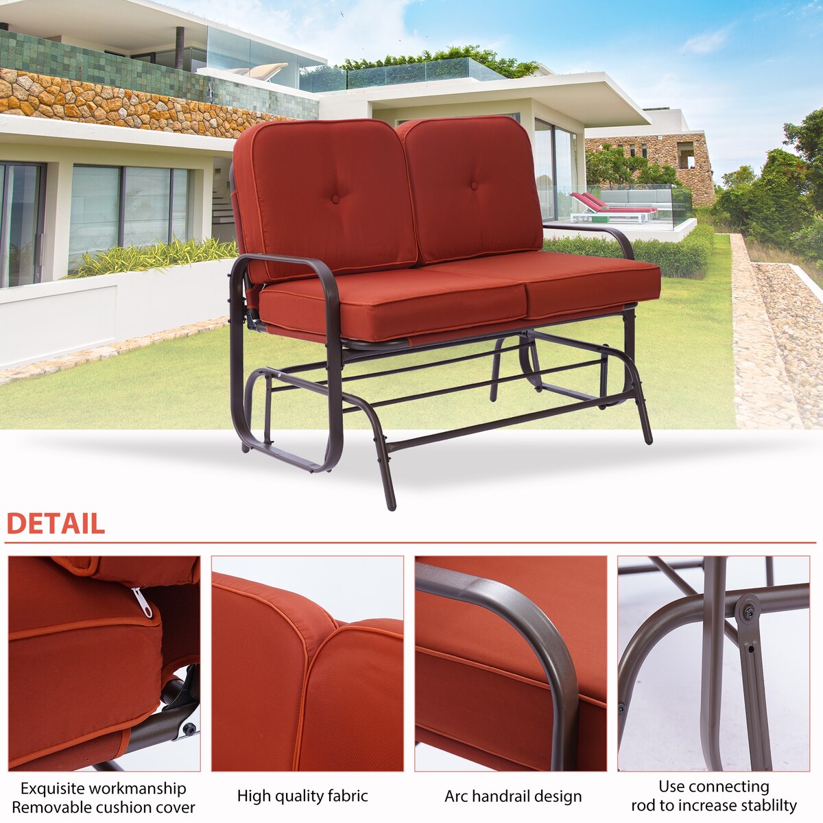 Clihome Double Sofa Patio Steel Frame Chair Set with Cushion