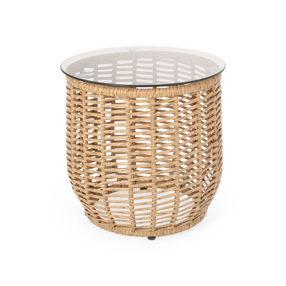 Boynton Outdoor Wicker Side Table with Tempered Glass Top by Christopher Knight Home - 15.50" W x 15.50" L x 15.50" H