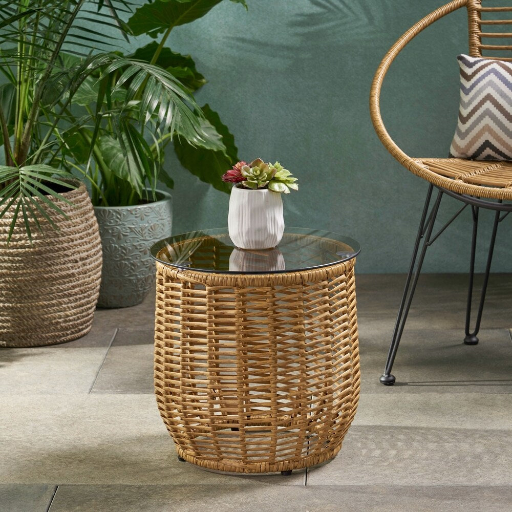 Boynton Outdoor Wicker Side Table with Tempered Glass Top by Christopher Knight Home - 15.50" W x 15.50" L x 15.50" H