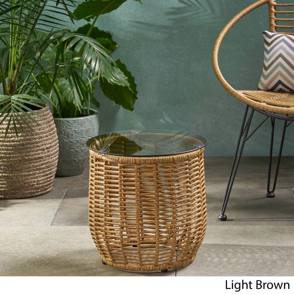 Boynton Outdoor Wicker Side Table with Tempered Glass Top by Christopher Knight Home - 15.50" W x 15.50" L x 15.50" H