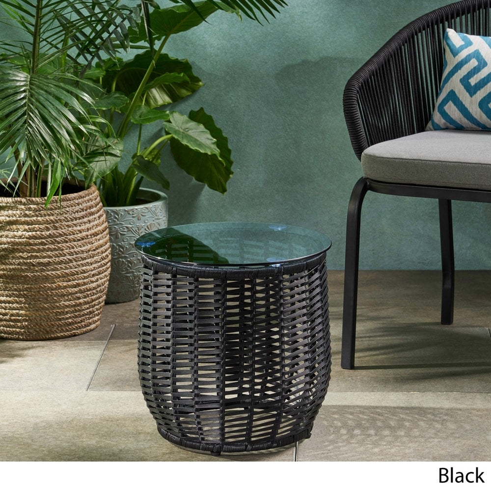Boynton Outdoor Wicker Side Table with Tempered Glass Top by Christopher Knight Home - 15.50" W x 15.50" L x 15.50" H