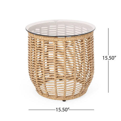 Boynton Outdoor Wicker Side Table with Tempered Glass Top by Christopher Knight Home - 15.50" W x 15.50" L x 15.50" H