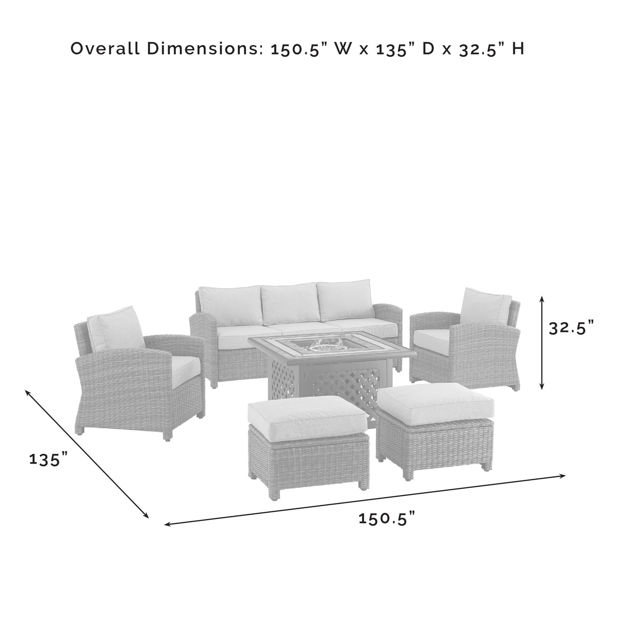 Crosley Bradenton 6Pc Outdoor Wicker Sofa Set W/Fire Table - 150.5 "W x 135 "D x 32.5 "H
