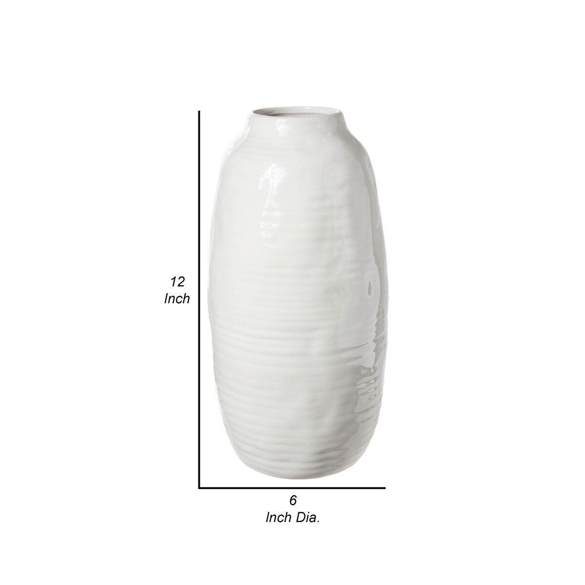 Bran 12 Inch Round Ceramic Vase with Ribbed Design, White