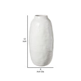 Bran 12 Inch Round Ceramic Vase with Ribbed Design, White