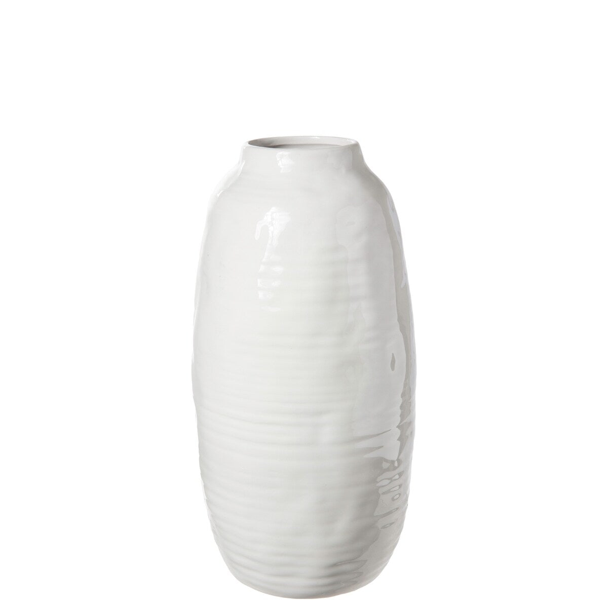 Bran 12 Inch Round Ceramic Vase with Ribbed Design, White