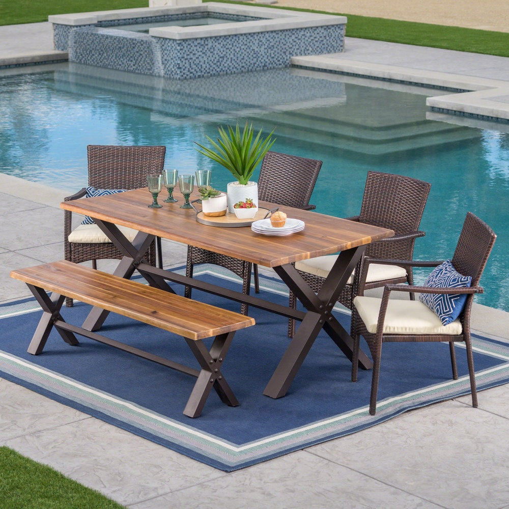 Brandywine Outdoor 6-Piece Rectangle Wicker Wood Dining Set by Christopher Knight Home