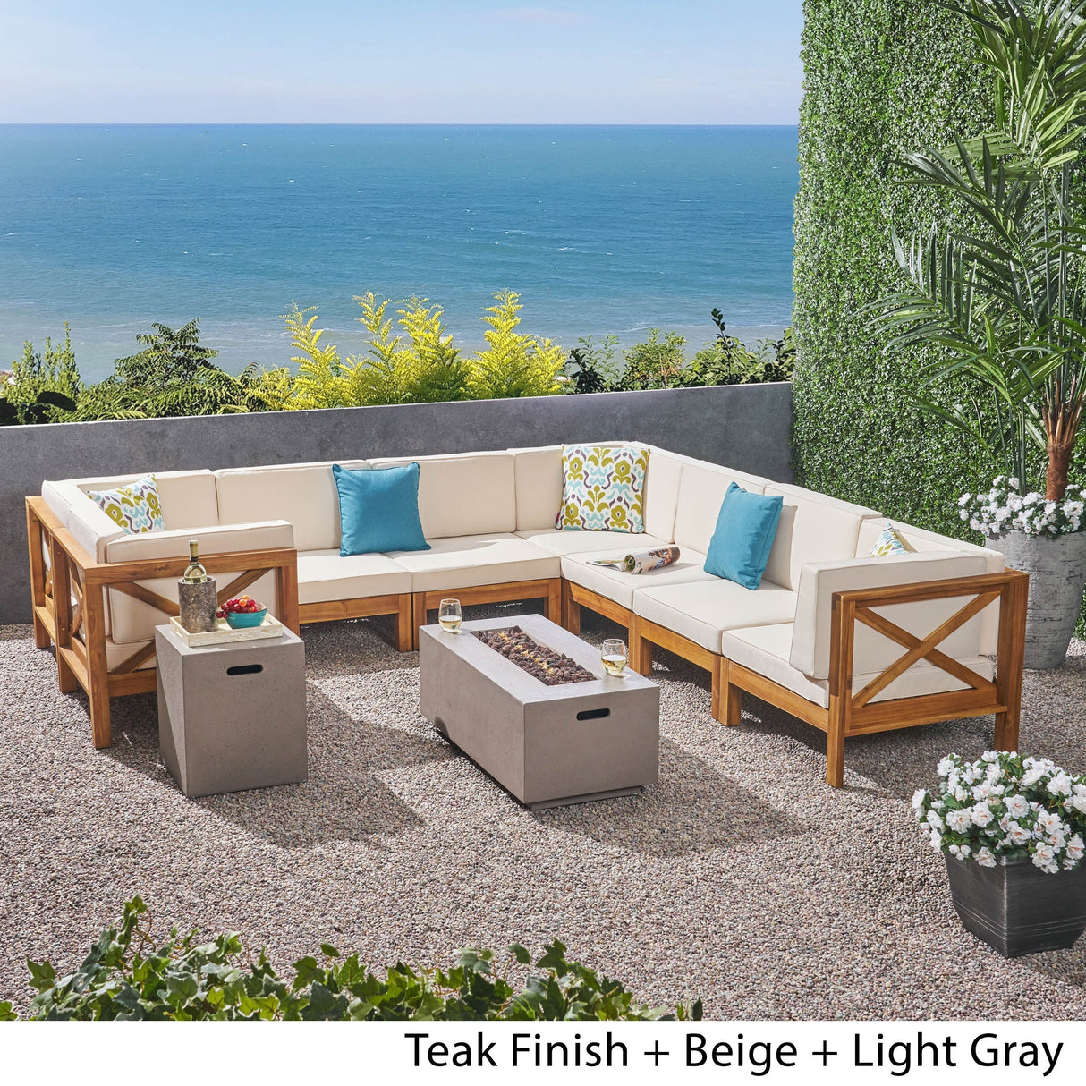 Brava Outdoor Acacia Wood 8 Seater U-Shaped Sectional Sofa Set with Fire Pit by Christopher Knight Home