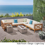 Brava Outdoor Acacia Wood 8 Seater U-Shaped Sectional Sofa Set with Fire Pit by Christopher Knight Home