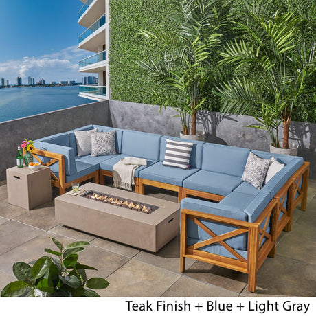 Brava Outdoor Acacia Wood 8 Seater U-Shaped Sectional Sofa Set with Fire Pit by Christopher Knight Home