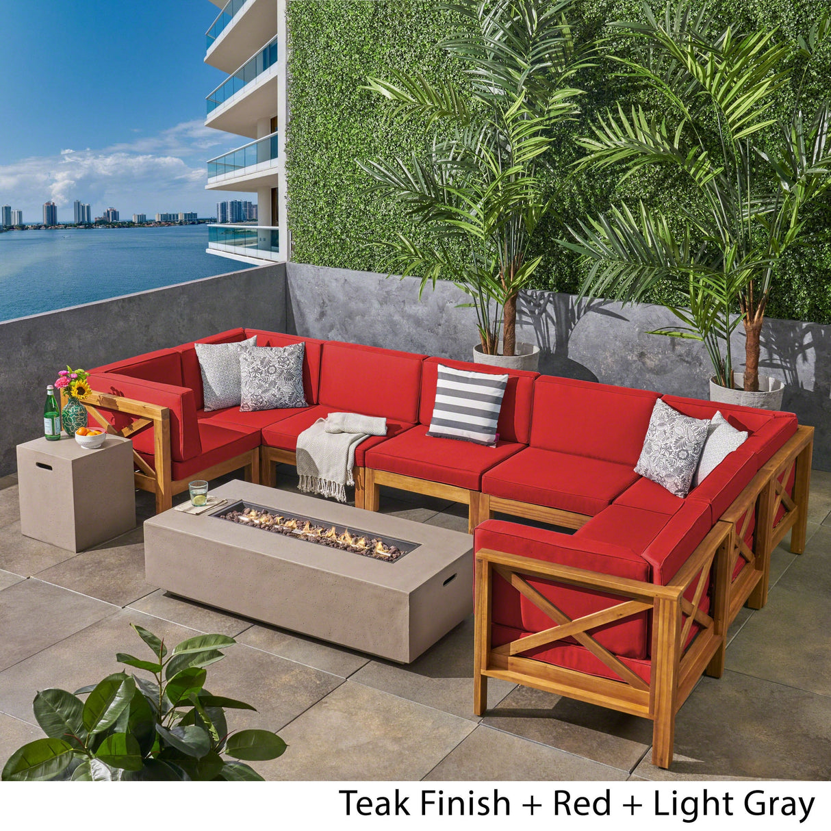 Brava Outdoor Acacia Wood 8 Seater U-Shaped Sectional Sofa Set with Fire Pit by Christopher Knight Home
