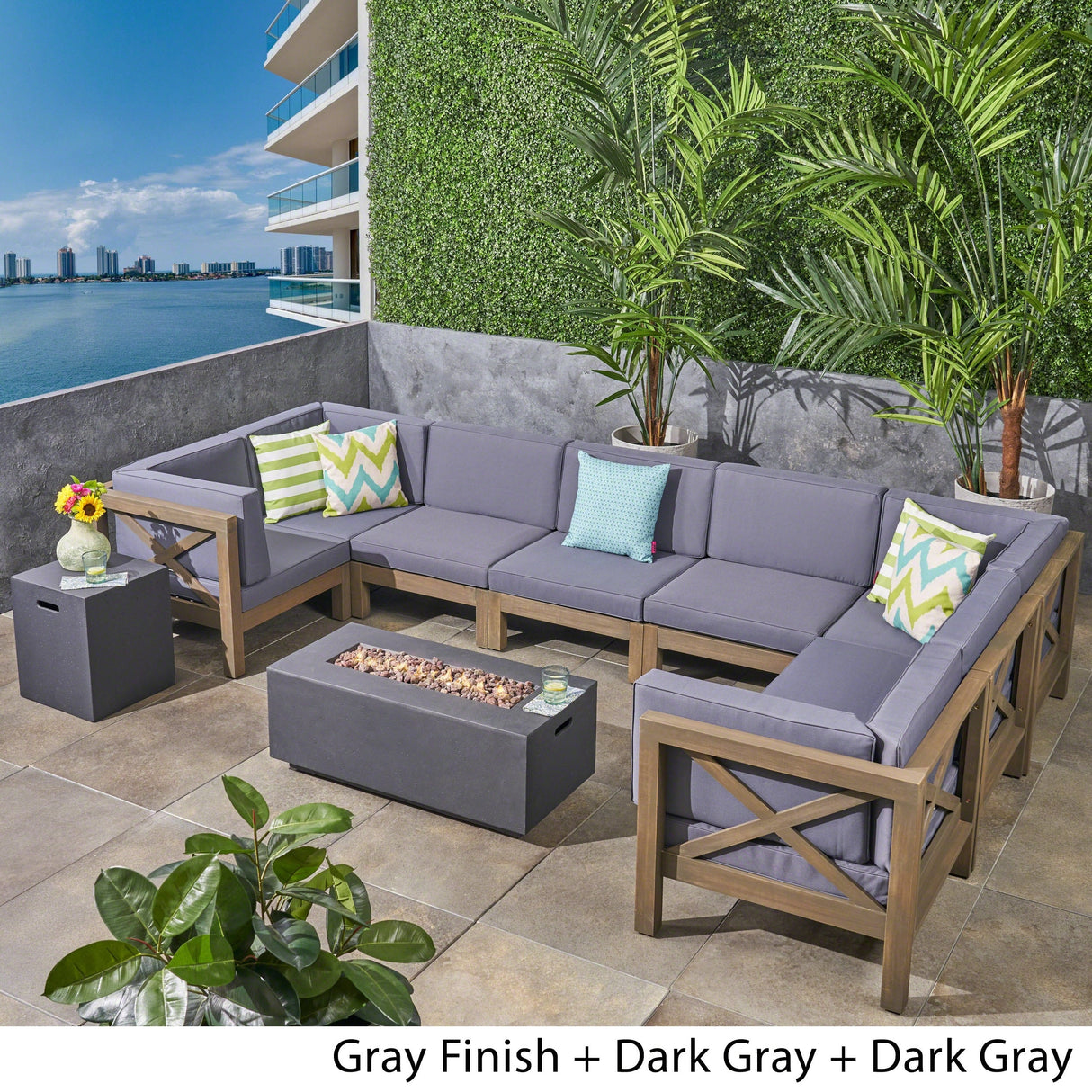 Brava Outdoor Acacia Wood 8 Seater U-Shaped Sectional Sofa Set with Fire Pit by Christopher Knight Home