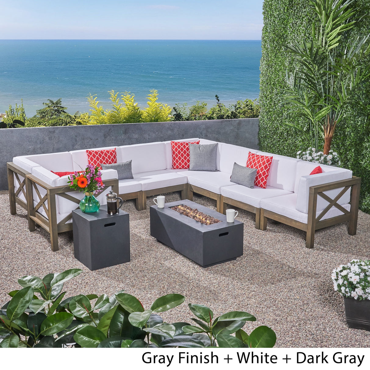 Brava Outdoor Acacia Wood 8 Seater U-Shaped Sectional Sofa Set with Fire Pit by Christopher Knight Home