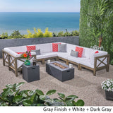 Brava Outdoor Acacia Wood 8 Seater U-Shaped Sectional Sofa Set with Fire Pit by Christopher Knight Home