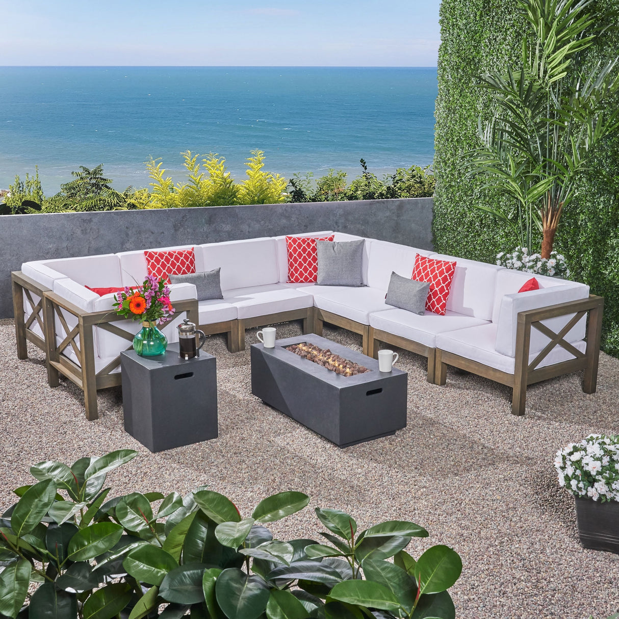 Brava Outdoor Acacia Wood 8 Seater U-Shaped Sectional Sofa Set with Fire Pit by Christopher Knight Home