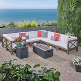Brava Outdoor Acacia Wood 8 Seater U-Shaped Sectional Sofa Set with Fire Pit by Christopher Knight Home