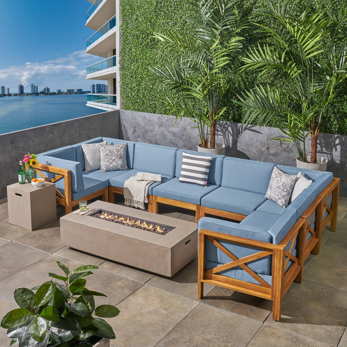 Brava Outdoor Acacia Wood 8 Seater U-Shaped Sectional Sofa Set with Fire Pit by Christopher Knight Home