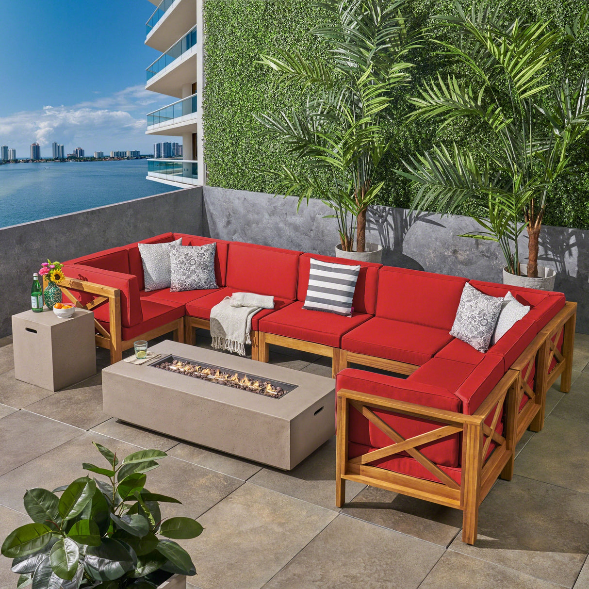 Brava Outdoor Acacia Wood 8 Seater U-Shaped Sectional Sofa Set with Fire Pit by Christopher Knight Home