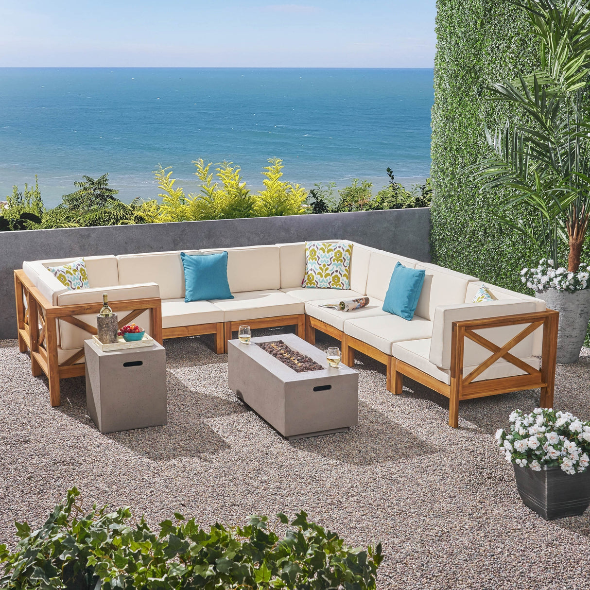 Brava Outdoor Acacia Wood 8 Seater U-Shaped Sectional Sofa Set with Fire Pit by Christopher Knight Home
