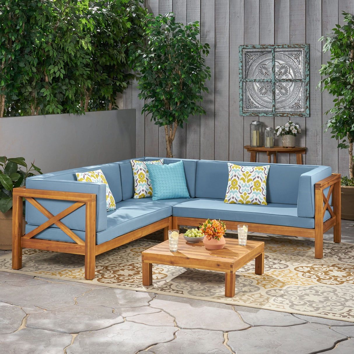 Brava Acacia Outdoor Sectional Chat Set by Christopher Knight Home - 88.50" L x 88.50" W x 26.50" H
