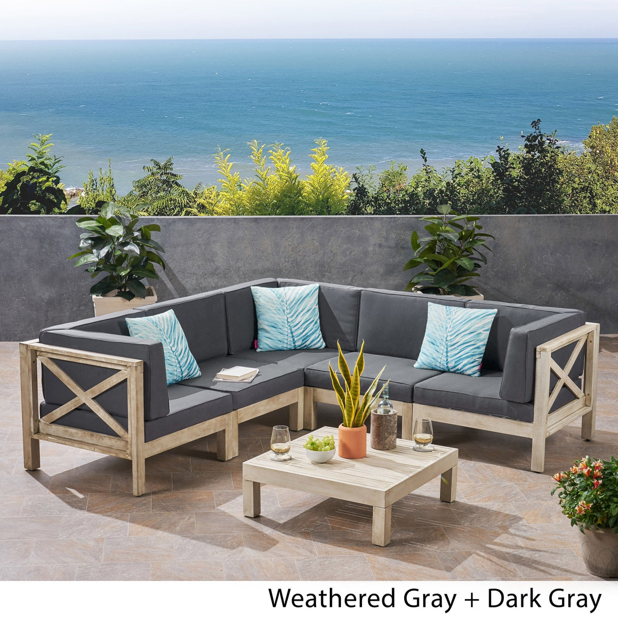 Brava Outdoor Acacia Wood 5 Seater Sectional Sofa Set with Coffee Table by Christopher Knight Home