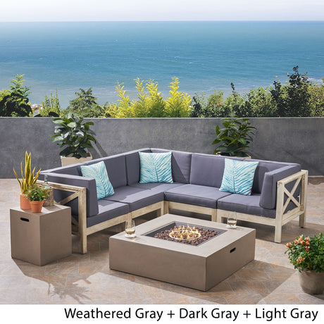 Brava Outdoor Acacia Wood 5 Seater Sectional Sofa Set with Fire Pit by Christopher Knight Home