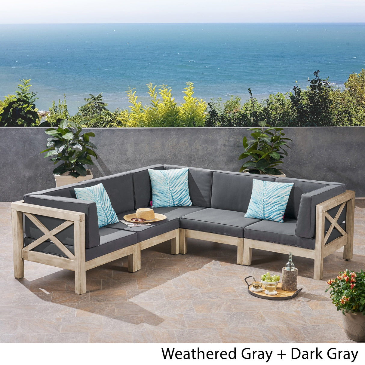 Brava Outdoor Acacia Wood 5 Seater Sectional Sofa Set with Water-Resistant Cushions by Christopher Knight Home