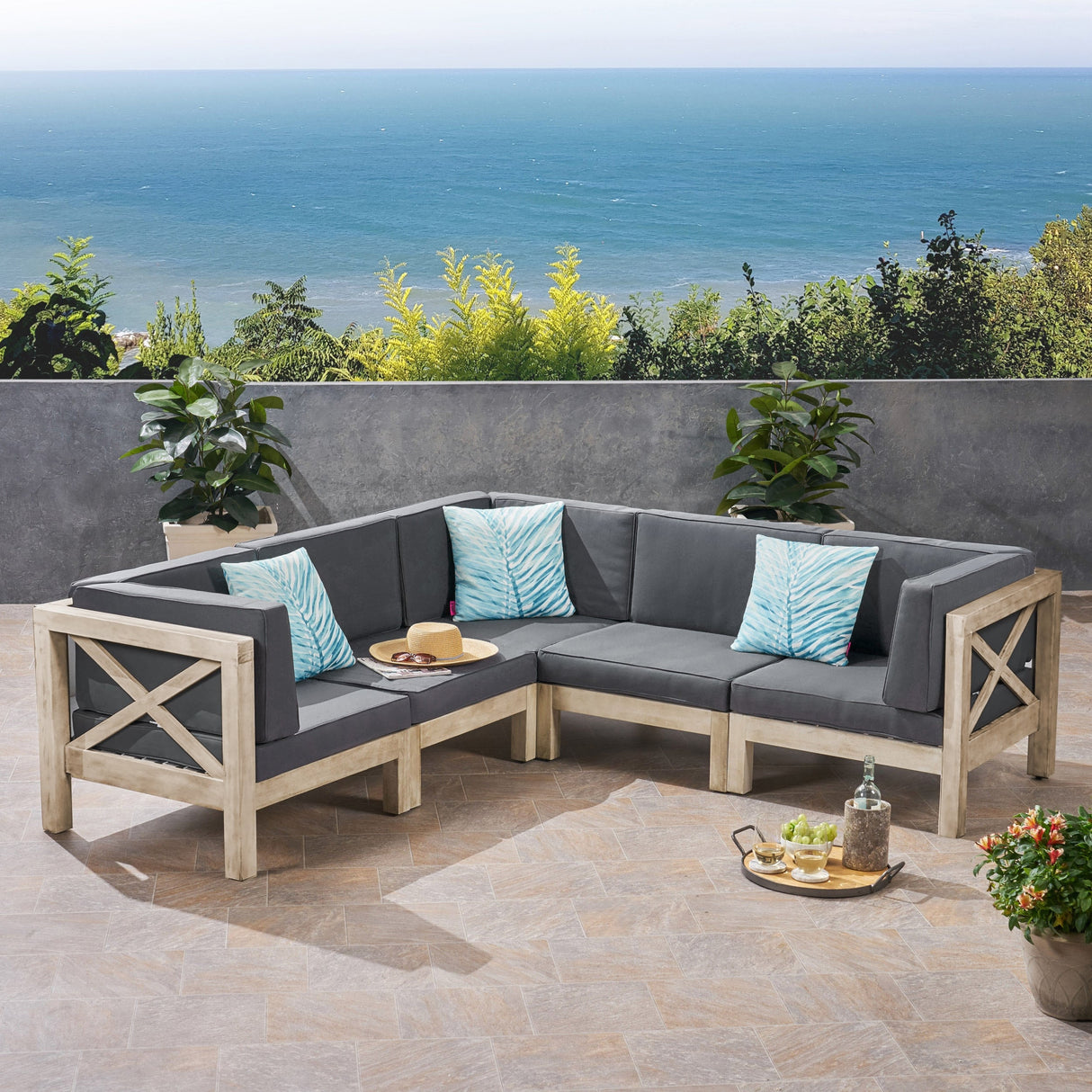 Brava Outdoor Acacia Wood 5 Seater Sectional Sofa Set with Water-Resistant Cushions by Christopher Knight Home