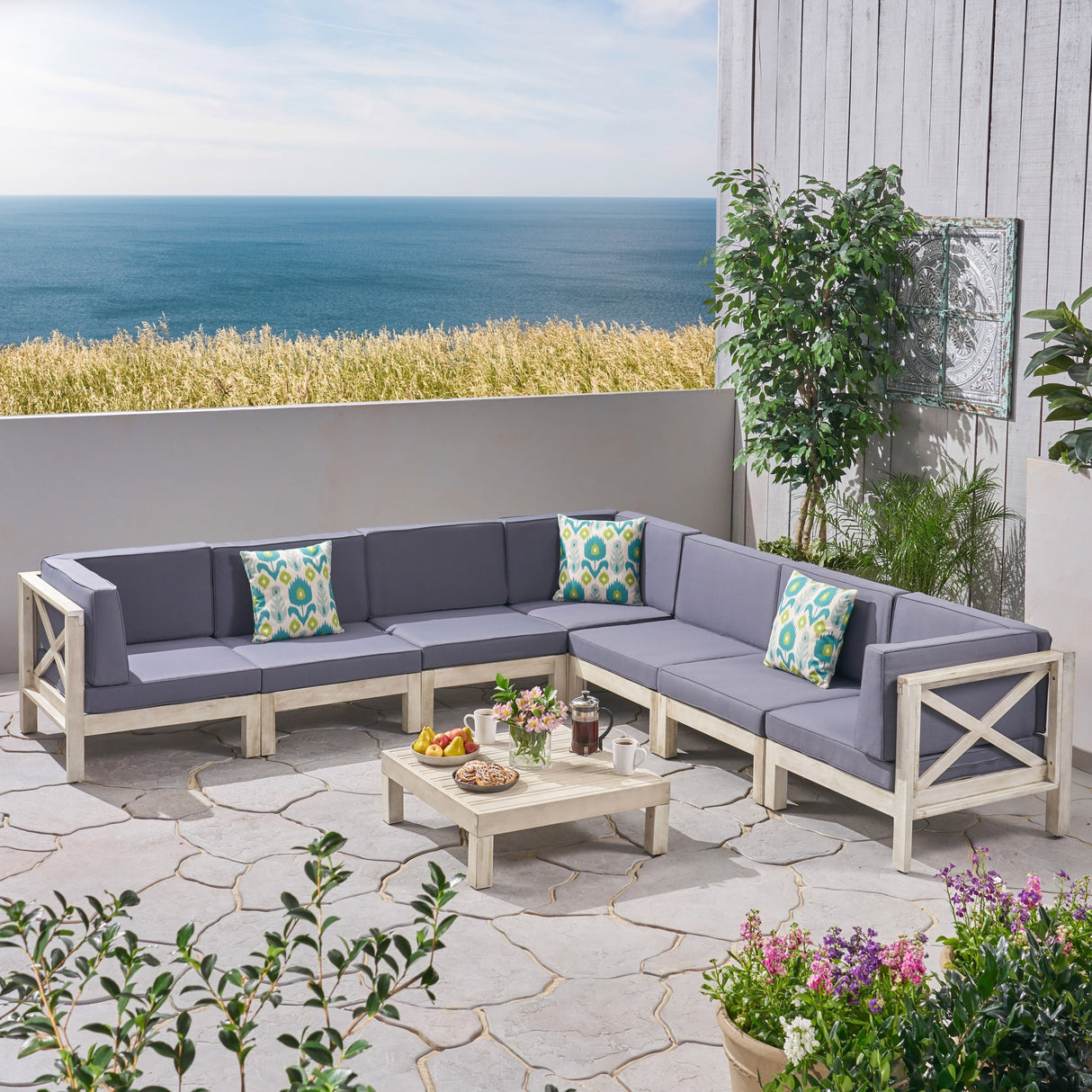Brava Outdoor 7 Seater Acacia Wood Sectional Sofa Set by Christopher Knight Home