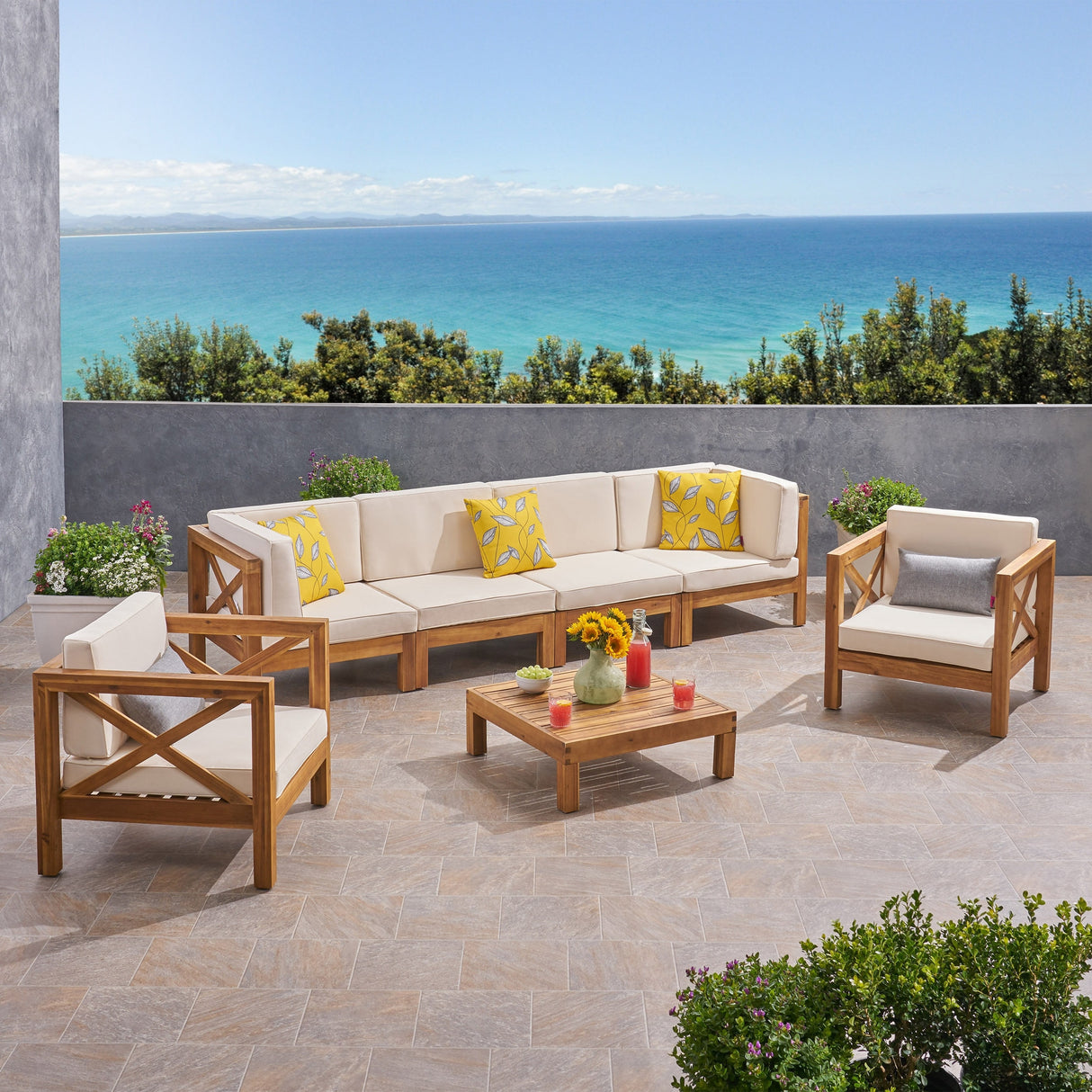 Brava Outdoor Acacia Wood 7-piece Chat Set by Christopher Knight Home