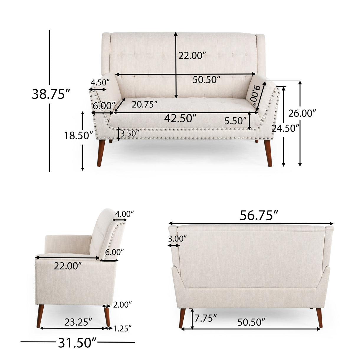 Braymer Mid-Century Modern Fabric Settee with Nailhead Trim by Christopher Knight Home
